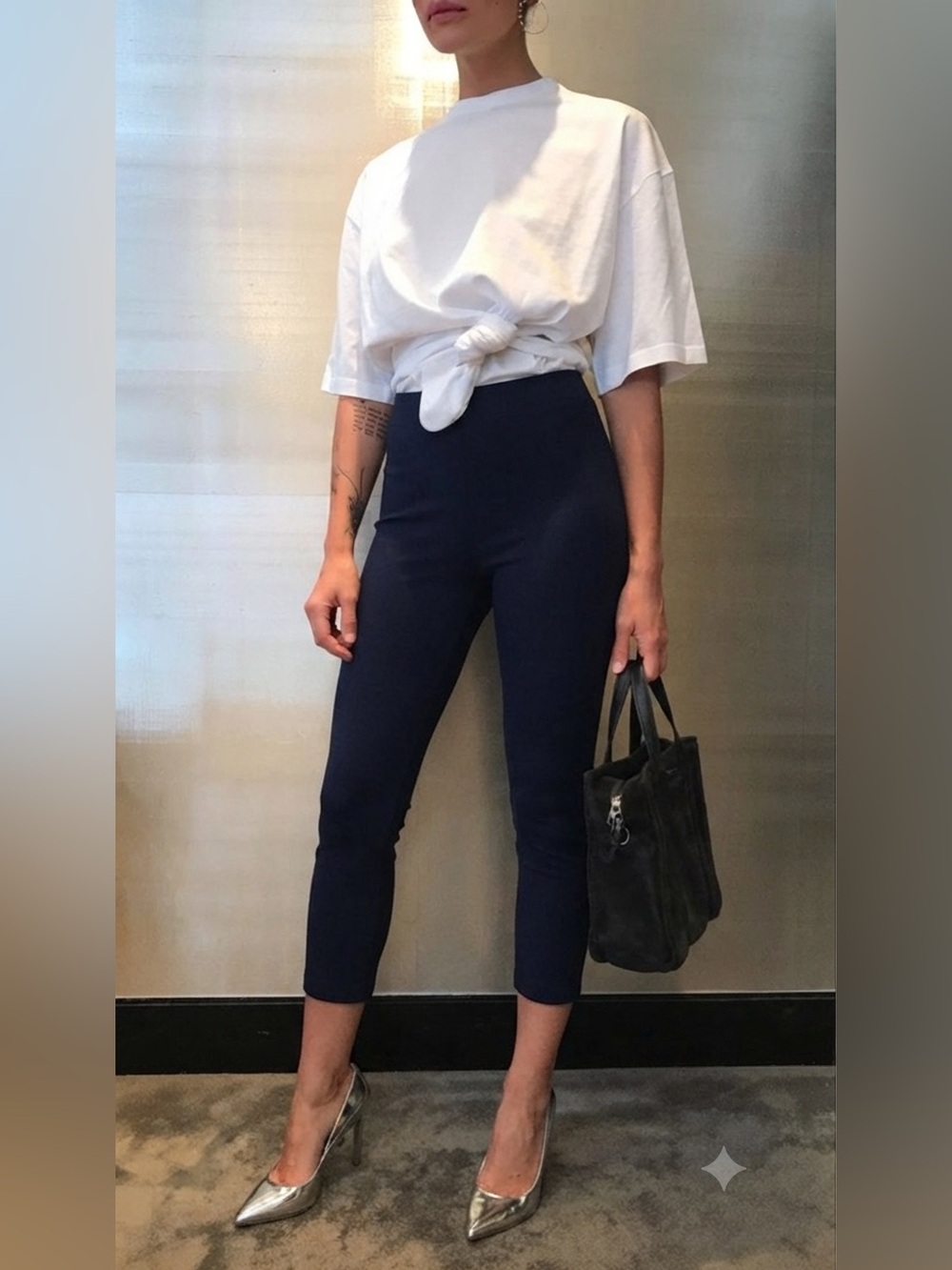 Navy Blue Pull-On Ankle Pants Elastic Waist Slim Fit A6-048